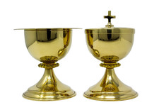 Brass Chalice Cup, Lidded Ciborium With Cross Top and Paten Vessel Church Set picture