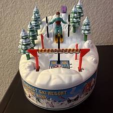 Rare Wind-Up Mountain Skiing Savings Bank Tested & Works W/Box NOS Vintage picture