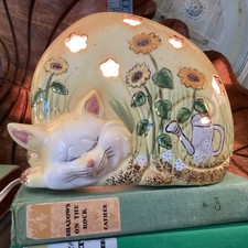 Whimsical Sleeping Cat Ceramic Tealight / Electric Nightlight Flowers Kitty Bee picture