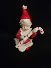 Vintage Napco Ceramic Christmas Spaghetti Elf  Figure Kneeling Candy Cane S981 picture