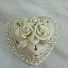 Heart Shaped Trinket Dish Jewelry Box Porcelain Bisque Ivory Roses & Ribbons VTG picture