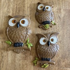 Rare Vntg Burwood 1985 Owl Wall Art Set of 3 Brown Amber Eyes  #2718-1/2/3 USA picture