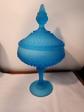 Covered Candy Dish Pedestal Compote Indiana Glass Blue Satin Diamond Point picture