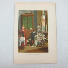 Antique Color Lithograph Print Grandma Boy & Girl Hobby Horse 1800s Art RARE picture