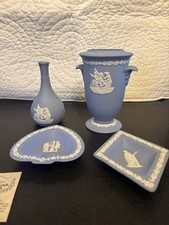 Wedgwood Mullingar Pewter Blue Jasperware Style 4-Pc Neoclassical Vase Dish Set picture
