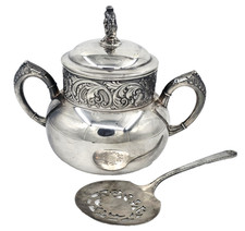 Antique E.G. Webster & Son Ornate Silverplate Sugar Bowl w/Lid & Serving Spoon picture