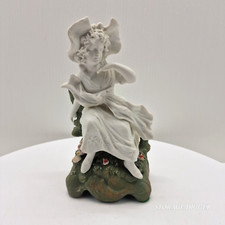 Vintage Porcelain Figurine Girl in Bonnet Sitting on Rock Floral Base 8