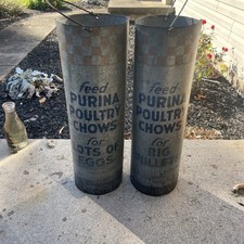 2 PURINA POULTRY CHOWS Tube Feeder Feed Seed Farm Advertising Sign vintage  picture