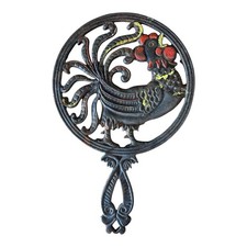Cast Iron Rooster Trivet L.H. Bird  Vintage Black Red Yellow Handled Wall Decor picture
