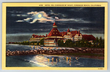 c1940s Hotel Del Coronado Night Coronado Beach CA Linen Postcard picture