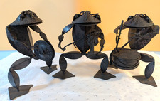 Vtg-Handcrafted Metal Frog Musicians Figurines-Set Of 3-Industrial Folk Art- 7