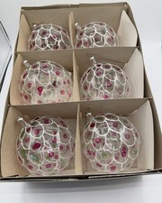Vintage Italy Glass Christmas Ornaments Set 6 Large Pink Green Glitter MCM picture