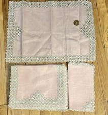 Vintage Pink Hand Drawn-Thread Runner 6 Placemats Napkins Set Spain Museum Made picture