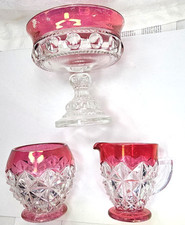 3pc Set Vtg Cranberry Cut to Clear Glass Creamer Pitcher Sugar Bowl Compote/Dish picture