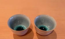 Hagiyaki Sake Cup Set of 2 Blue-Green Glaze Kintsugi Style Pottery picture