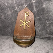 VTG Wood & Brass Chi Rho Chrismon Constantine’s Cross Holy Water Font Wall Hang picture