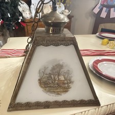Vintage Del-Val Currier & Ives Four Seasons Hanging Pendant Lamp Milk Glass picture