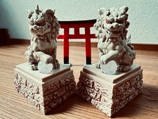 Japanese Komainu Guardian Lion Dog Pair Torii Gate Statue Miniature Shrine Decor picture