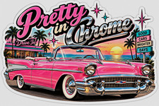 Pretty in Chrome 1957 Classic Car Vinyl Sticker Decal Pink Chrome Black Blue picture