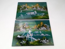 VTG Asian Mother of Pearl Inlay Lacquer Panel Wood Wall Art Set of 2 ~ 19x14