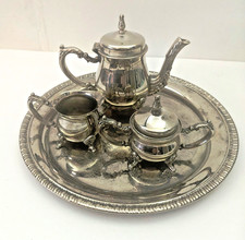 Vintage Elegance Silverware Tea Set Teapot w/ Lid, Creamer, Sugar Bowl & Tray picture