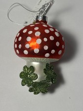Nordstrom Home NWT Glass Christmas Ornament Red White Cap Mushroom Green Flowers picture