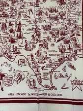 Vintage Texas State Souvenir Map Tablecloth Cotton Landmarks Red and Cream 1940s picture