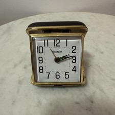 VTG Bulova Square Analog Travel Alarm Clock Gold/Black Metal Case Arabic Numeral picture