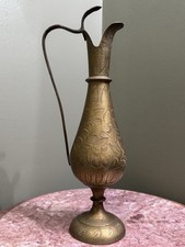 Beautiful Vintage Tall 13” Sarna Floral Etched Brass Pitcher Made in India Vase picture