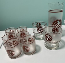 Vintage MCM Culver LTD Kamon Crest Glasses Frosted Red Enamel Barware 9 Pc Set picture