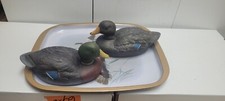 (Set Of 2) Ceramic  Vintage Handpainted Mallard Duck Statues Plus Mallard Tray picture