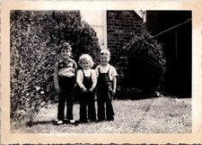 Three Young Smiling Children in Yard, 1950 B&W Snapshot Photo picture