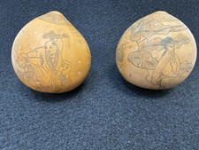 Artisan Carved Gourd Asian Etched Chinese Art Miniature Decor 2pc Set Vintage picture