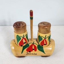 JAMAICA SOUVENIR BAMBOO HAND PAINTED SALT+PEPPER SHAKERS w/CADDIE~RETRO TROPICAL picture