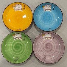Maneki Neko Lucky Cat Bowls Ceramic Set of 4 QiZhen Hand Painted 8