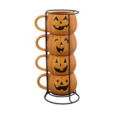 Halloween Stackable Pumpkin Mugs Set of 4, Ceramic Coffee Cups for Home Decor picture