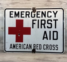 Vintage Emergency First Aid American Red Cross Enamel Metal Sign Authentic 18x24 picture