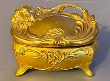 Antique Victorian Gold Tone Art Nouveau Footed Casket Jewelry Trinket Box  picture