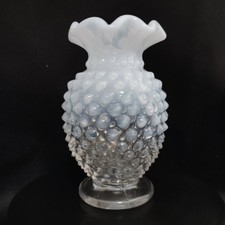 Antique Fenton White Opalescent Hobnail Moonglow Glass Vase Ruffled Rim picture