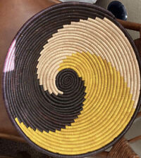 Coil Basket Blue Yellow Natural Hand Woven 16”x6” picture