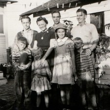 c1940s Family Backyard Clothesline Snapshot Photo Striped Dress Watermelon Vtg picture