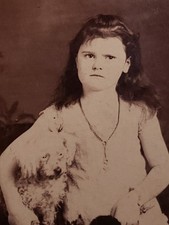 Antique 1900s Victorian Cabinet Card Named Lena Arrick Upset White Poodle Dog picture