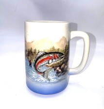 Vintage Otagiri Japan Ceramic Mug  Fishing Scene  Rainbow Trout Design 12 Oz Cap picture