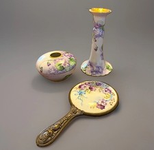 Antique T&V Limoges France Violet Vanity Set Hair Receiver Mirror Vase picture