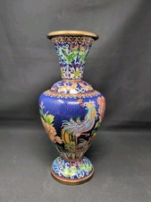MAJESTIC 31 cm Rooster & Peony CLOISONNE Vase Chinese or Japanese VINTAGE Blue picture