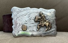 Vintage Sterling Silver Hand Engraved Frontier Western Horse Trophy Belt Buckle picture