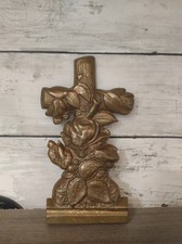 Vintage Antique Brass Decorative Cross Crucifix Metal Flower Religious 6.25 Tall picture