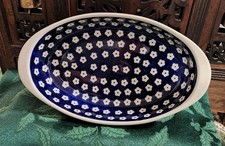 Polish Pottery Blue Floral Baking Serving Oval Dish 10 Inch Ceramic Mosquito picture