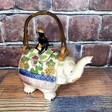 Vintage Banko Ware Elephant Teapot w Rider Flowers Japan Taisho Bamboo Handle picture
