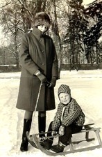 1971 Pretty Woman Child Sled Winter Walk Soviet USSR Vtg Snapshot Photo B&W picture